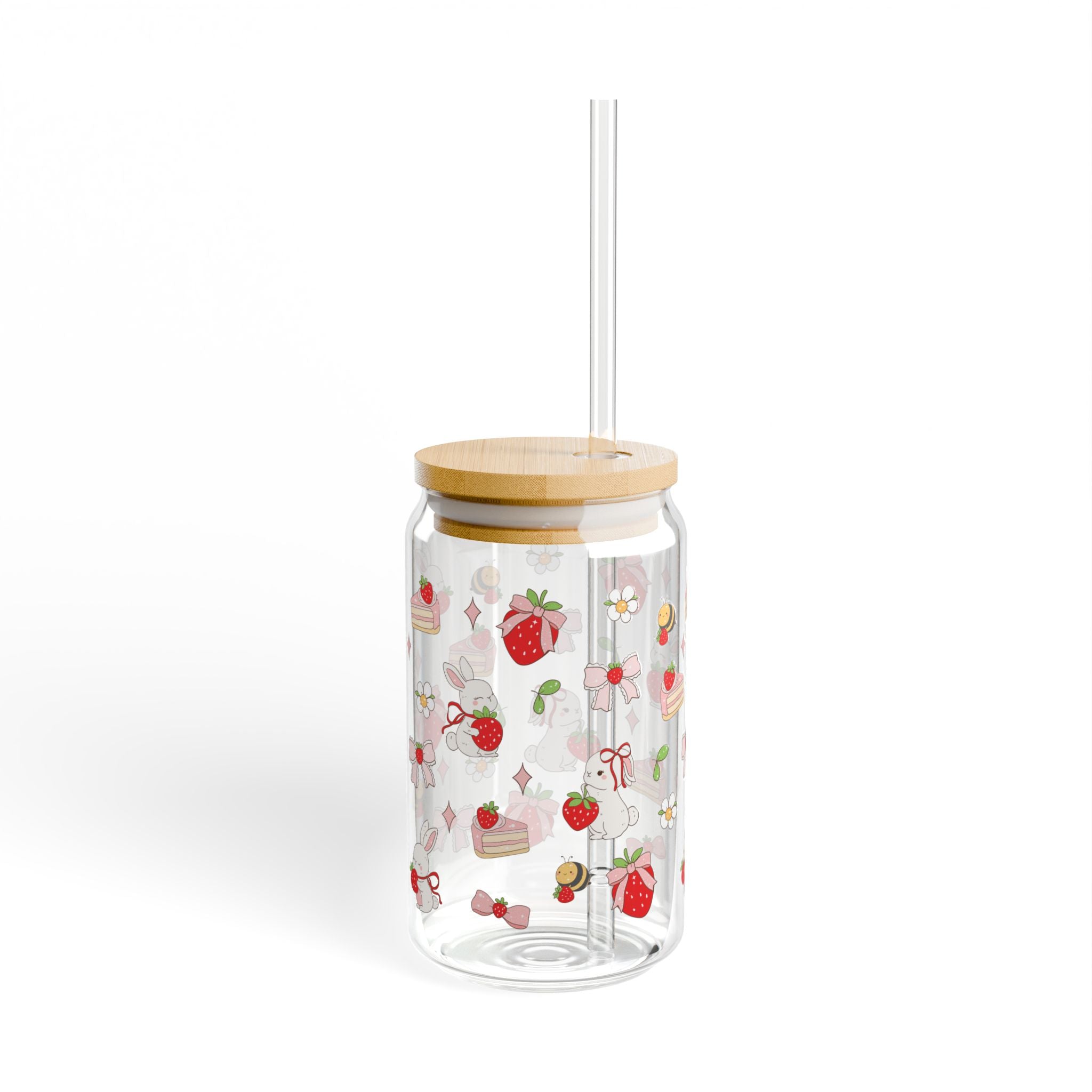 Strawberry Sweets 16oz Glass Sipper with Bamboo Lid