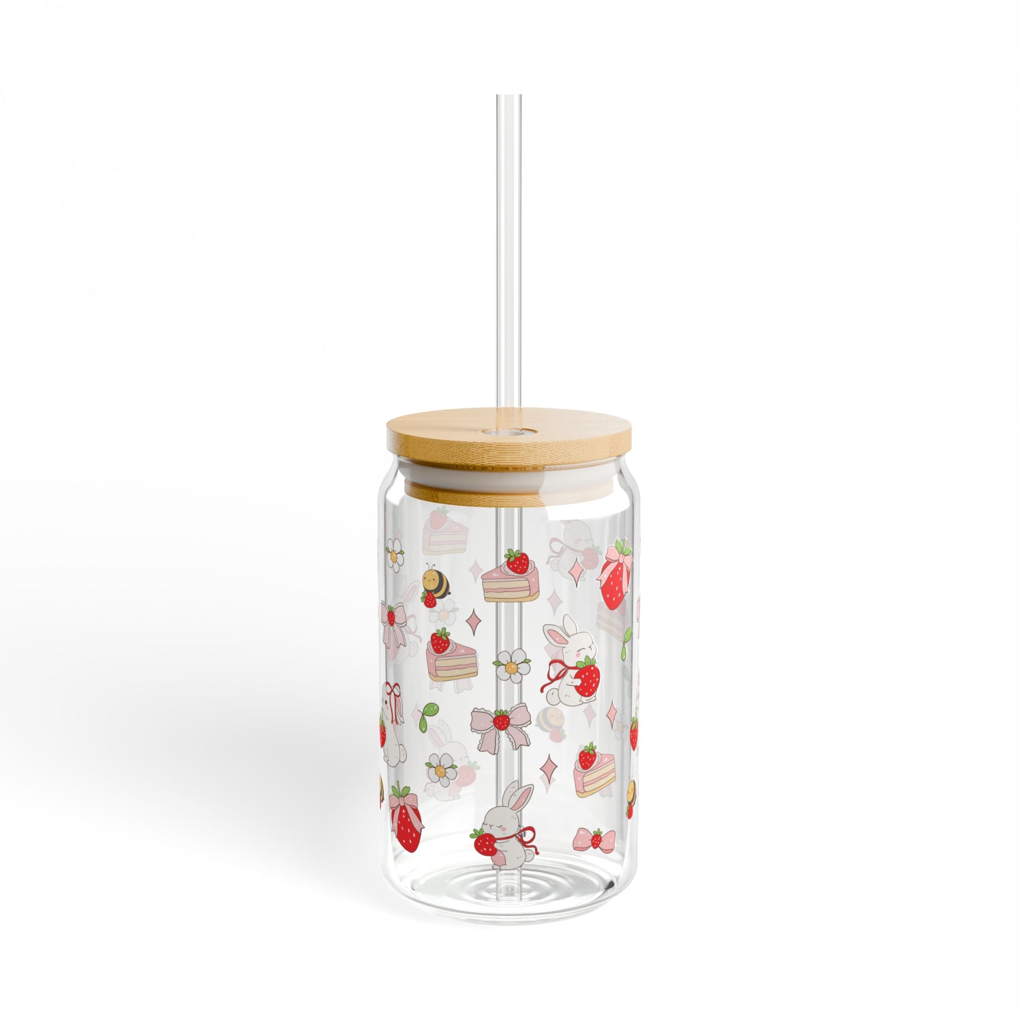 Strawberry Sweets 16oz Glass Sipper with Bamboo Lid