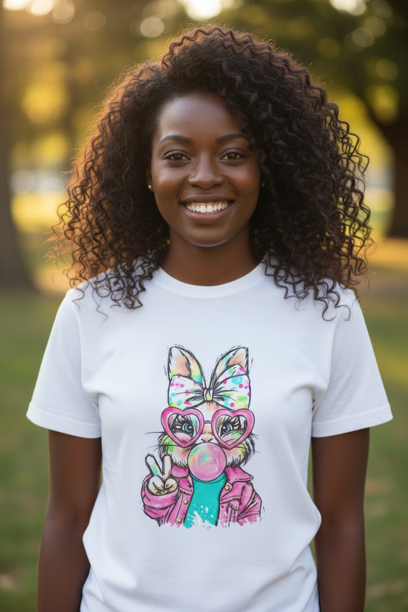 Cute Bunny Peace Sign T-Shirt — Bunny Blowing Bubble Graphic Tee