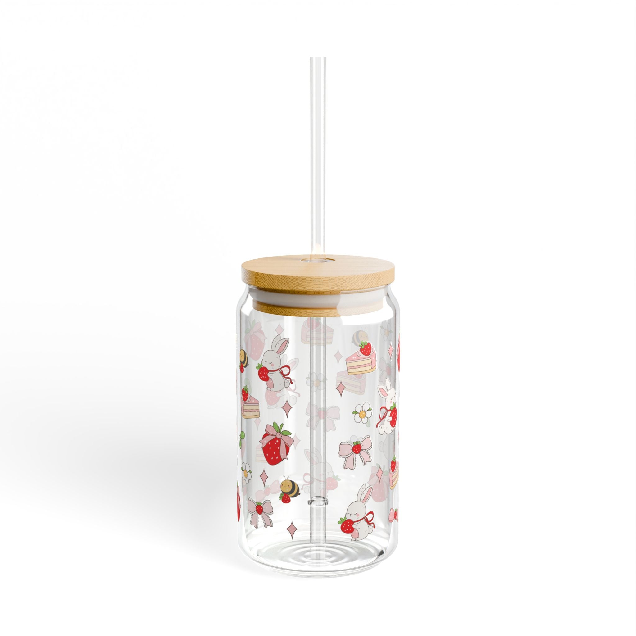 Strawberry Sweets 16oz Glass Sipper with Bamboo Lid