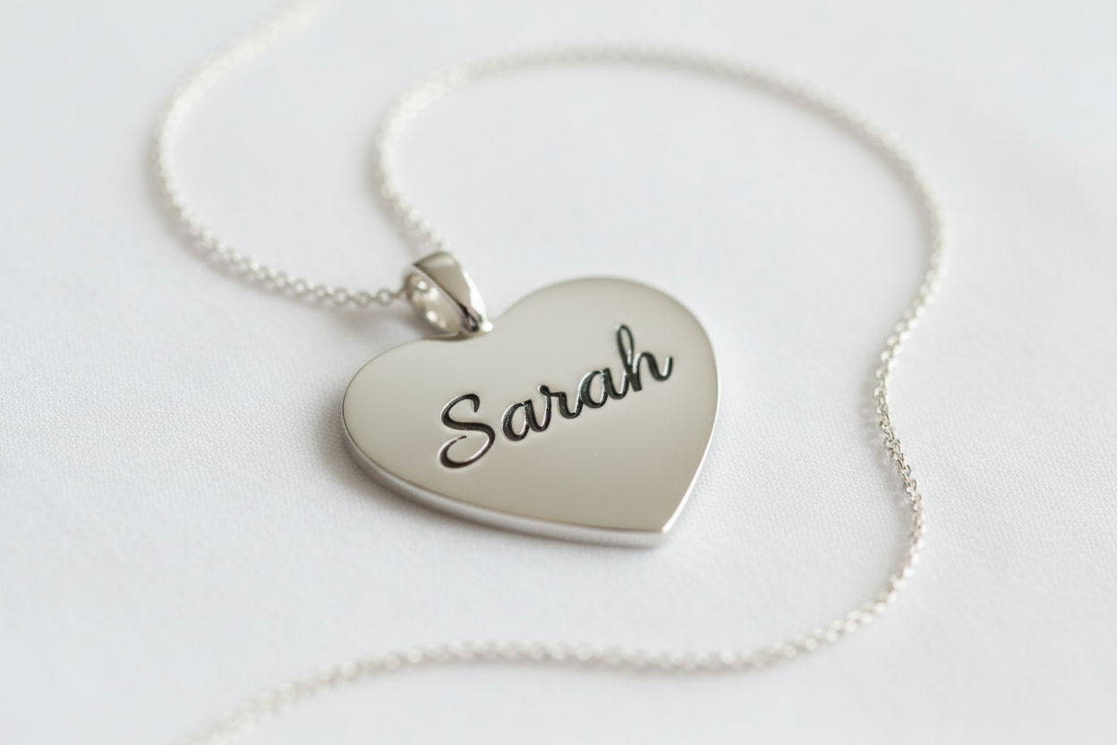 flat engraved heart necklace with the name Sarah